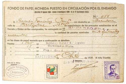 RECIBO DE ENTREGA DE MONEDA DE LA GUERRA CIVIL
