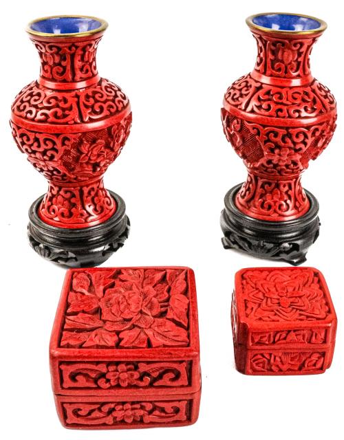 DOS JARRONCITOS Y DOS CAJITAS EN LACA CHINA 