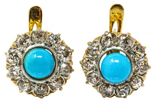 PENDIENTES CON TURQUESA Y BRILLANTES DE PPS. DEL S.XX