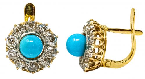 PENDIENTES CON TURQUESA Y BRILLANTES DE PPS. DEL S.XX