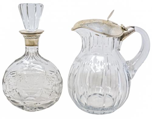 JARRA Y BOTELLA EN CRISTAL Y PLATA DE MEDIADOS DEL S.XX