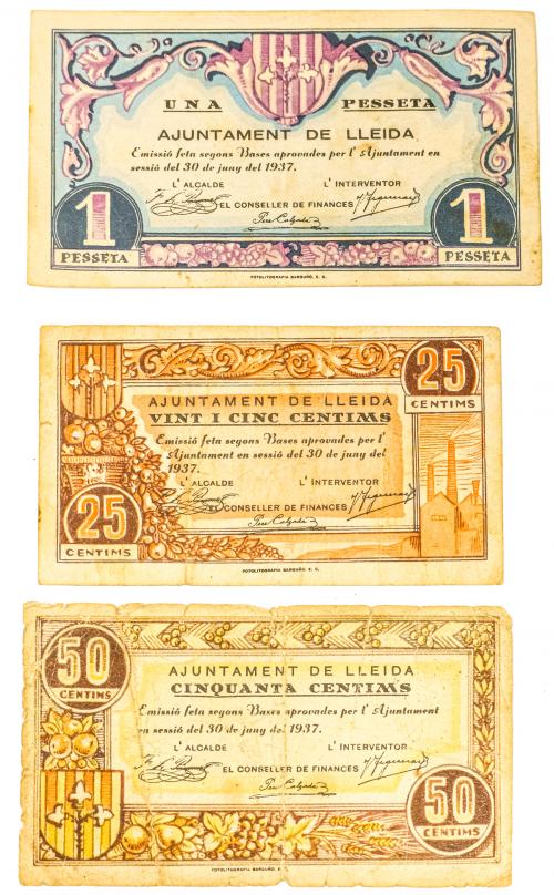 TRES BILLETES DE LÉRIDA DE LA GUERRA CIVIL