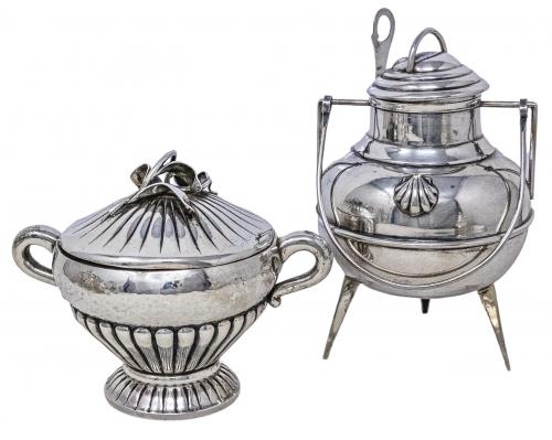 AZUCARERO Y OLLA GALLEGA DE PLATA DE MEDIADOS DEL S.XX