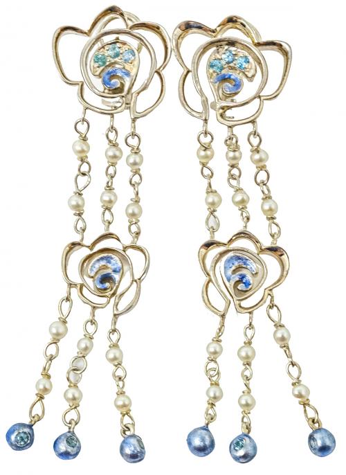 PENDIENTES DE PLATA, CON ESMALTES Y PERLAS