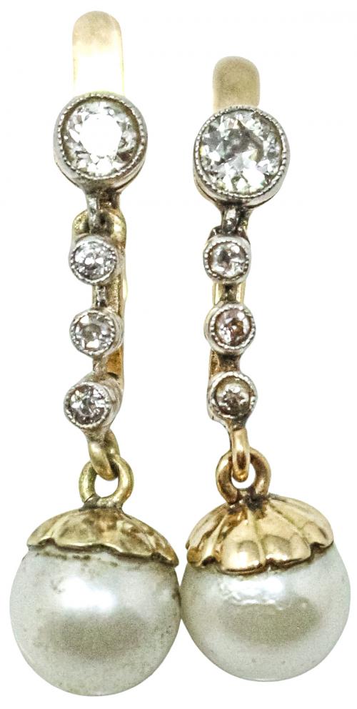 PENDIENTES LARGOS CON DIAMANTES Y PERLA DE PPS. DEL S.XX