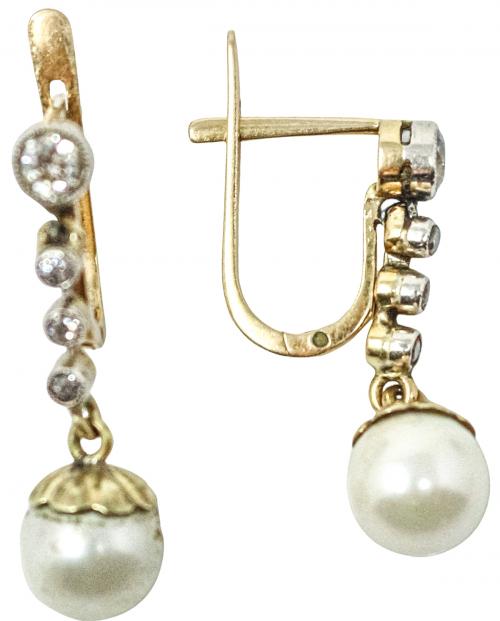 PENDIENTES LARGOS CON DIAMANTES Y PERLA DE PPS. DEL S.XX