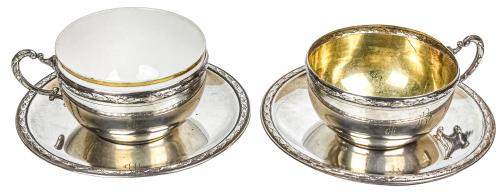 DOS GRANDES TAZAS CON PLATO EN PLATA