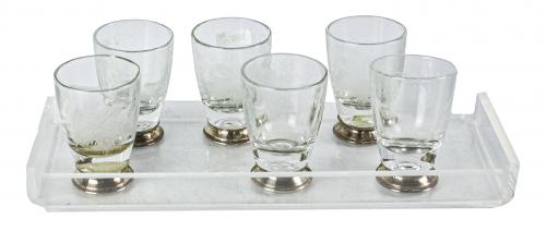 SEIS VASITOS DE CRISTAL Y BASE DE PLATA
