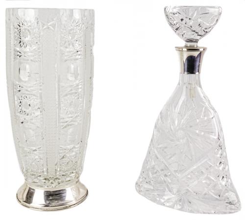 JARRÓN Y BOTELLA DE CRISTAL Y PLATA