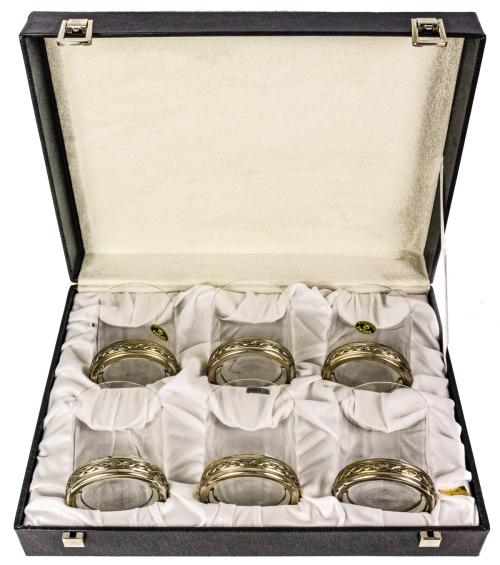 CONJUNTO DE VASOS DE WHISKY EN CRISTAL Y PLATA