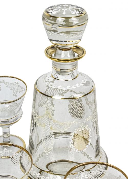 CONJNTO LICORERO EN CRISTAL ESMALTADO DE MEDIADOS DEL S.XX