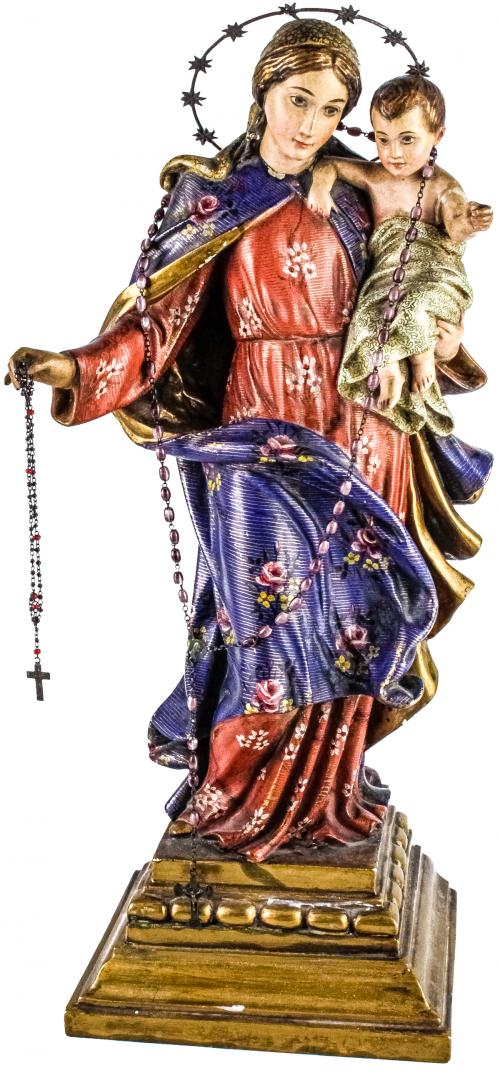 VIRGEN CON NIÑO DE ESTUCO POLICROMADO