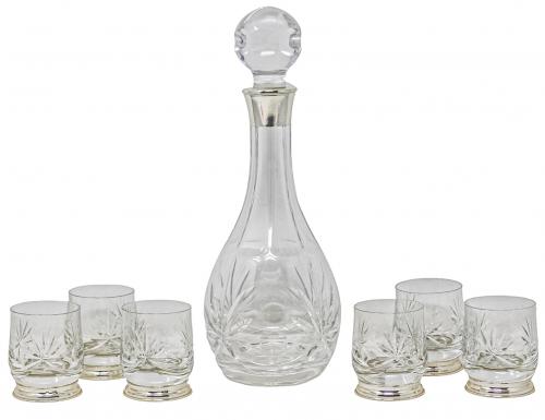 BOTELLA Y SEIS VASITOS DE CRISTAL Y PLATA