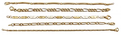 LOTE DE CINCO PULSERAS DE ORO