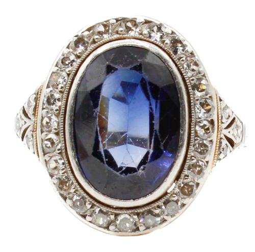 SORTIJA ROSETÓN CON ZAFIRO Y DIAMANTES, DE PPS. DEL S.XX