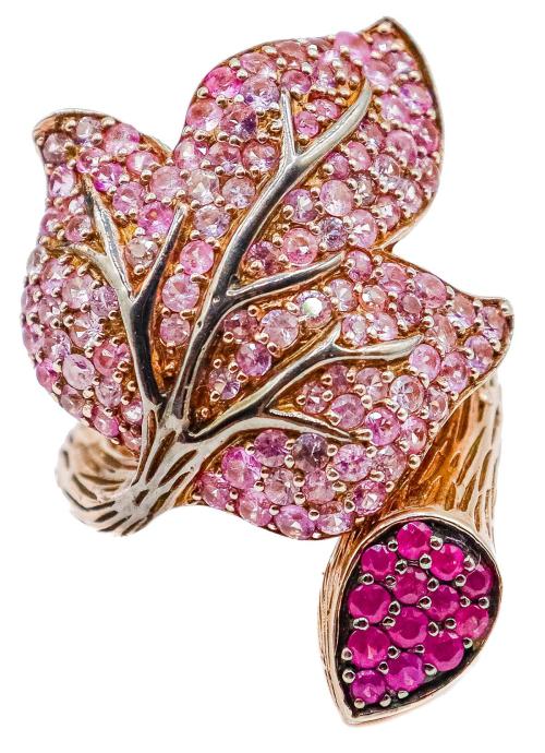 ANILLO HOJA CON ZAFIROS ROSAS