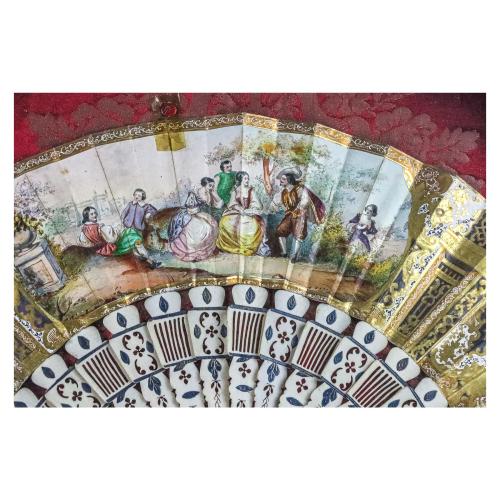 *obligABANICO CON ABANIQUERA ISABELINO DE MEDIADOS DEL S.XIX