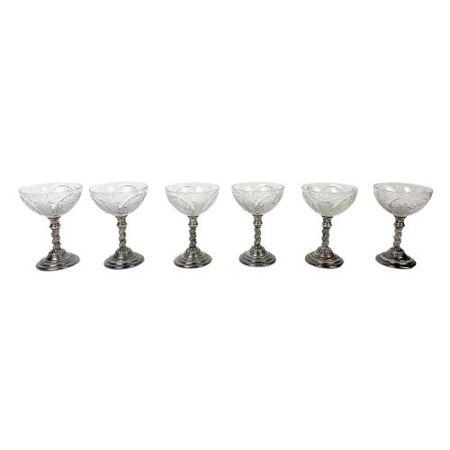 JUEGO DE SEIS COPAS PLATA Y CRISTAL DE MEDIADOS DE SIGLO XX