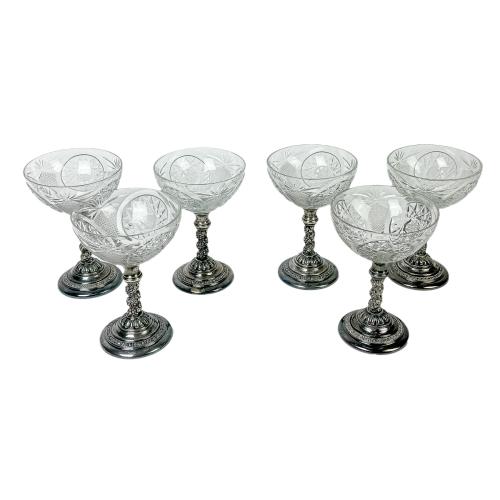 JUEGO DE SEIS COPAS PLATA Y CRISTAL DE MEDIADOS DE SIGLO XX