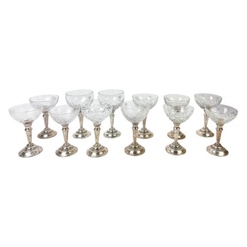 CONJUNTO DE 12 COPAS EN CRISTAL Y PLATA