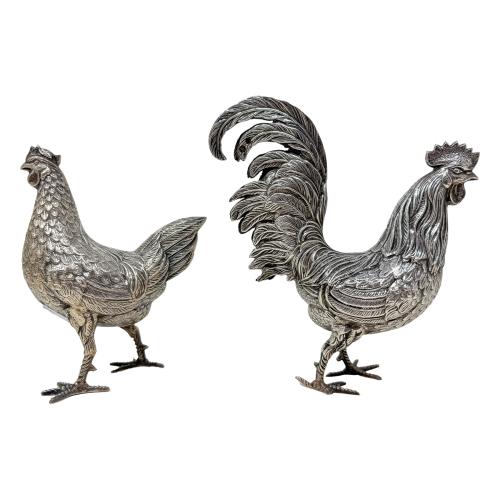PAREJA DE GALLOS DE PLATA DE MEDIADOS DE S. XX