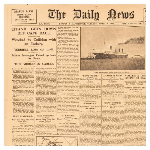 PORTADA DEL DAILY TELEGRAF SOBRE EL HUNDIMIENTO DEL TITANIC