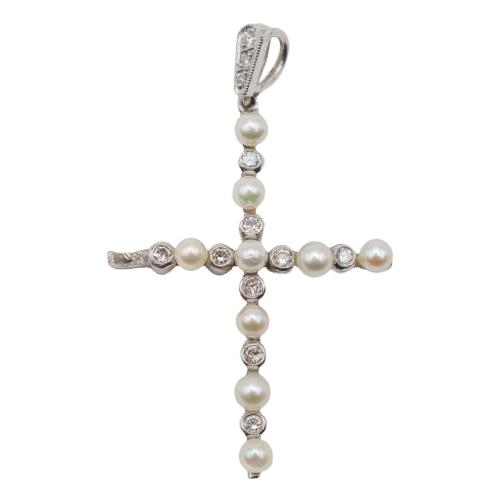 CRUZ COLGANTE CON BRILLANTES Y PERLAS