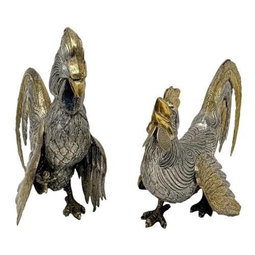 PAREJA DE GALLOS DE PLATA DE MEDIADOS DE S. XX