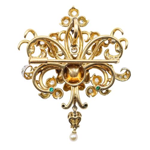 BROCHE COLGANTE CON DIAMANTES Y PERLAS, AÑOS 40