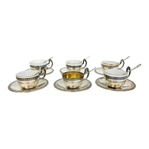 SEIS TAZAS CON PLATO Y CUCHARAS DE PLATA AÑOS 30