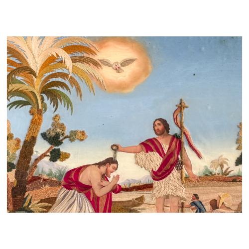  BORDADO SOBRE FONDO PINTADO DEL SIGLO XIX