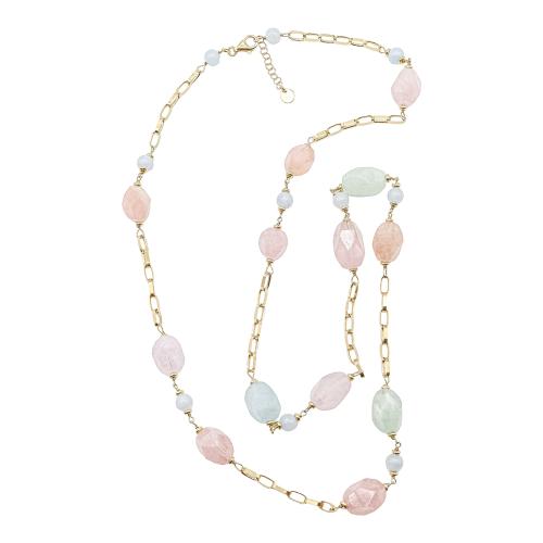 COLLAR LARGO CON CUARZO ROSA Y AGUAMARINA