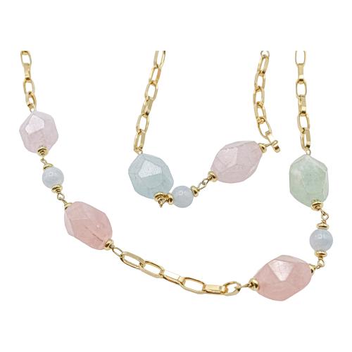 COLLAR LARGO CON CUARZO ROSA Y AGUAMARINA