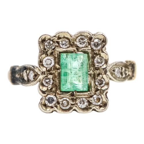 SORTIJA ROSETÓN CON ESMERALDA Y DIAMANTES DE MEDIADOS S.XX