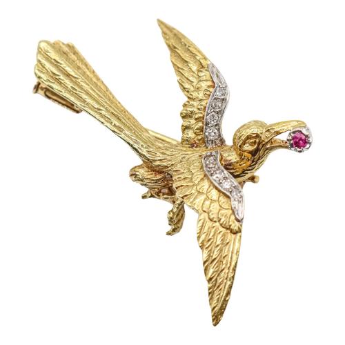 BROCHE AVE CON RUBÍ Y DIAMANTES, MEDIADOS S.XX