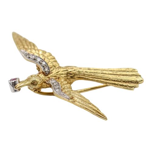 BROCHE AVE CON RUBÍ Y DIAMANTES, MEDIADOS S.XX