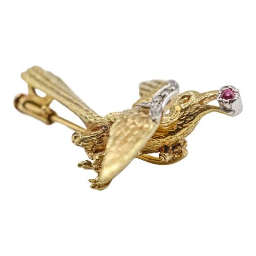 BROCHE AVE CON RUBÍ Y DIAMANTES, MEDIADOS S.XX