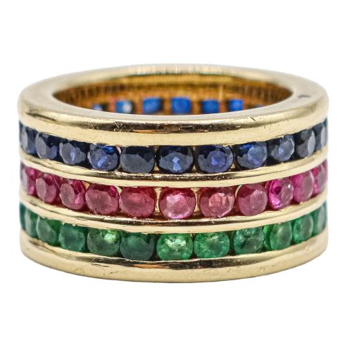 ANILLO ANCHO CON ZAFIROS, ESMERALDAS Y RUBÍES