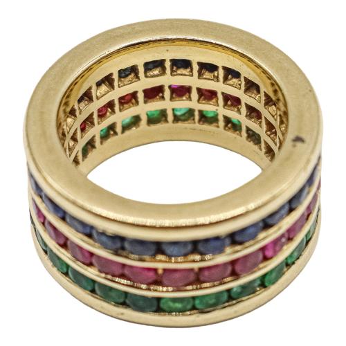 ANILLO ANCHO CON ZAFIROS, ESMERALDAS Y RUBÍES