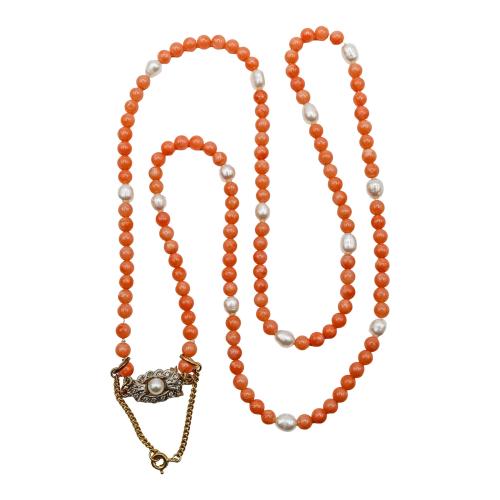 COLLAR LARGO DE PERLAS Y CORAL ROSA