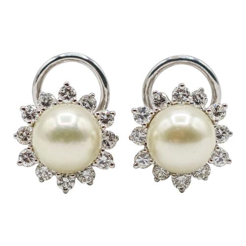 PENDIENTES ROSETONES CON PERLAS Y BRILLANTES,  MEDIADOS S.XX