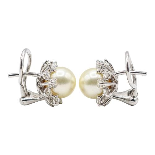 PENDIENTES ROSETONES CON PERLAS Y BRILLANTES,  MEDIADOS S.XX