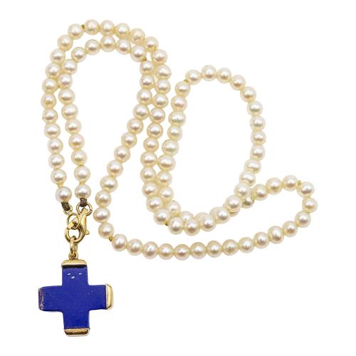 COLLAR DE PERLAS CON CRUZ COLGANTE DE LAPISLÁZULI