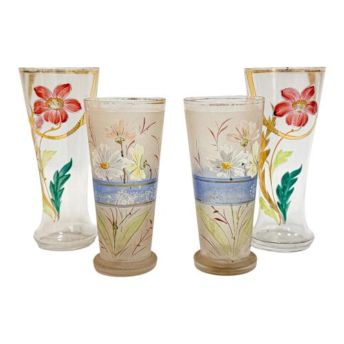 DOS PAREJAS DE VASOS EN CRISTAL ESMALTADO, DE PPS. DEL S.XX