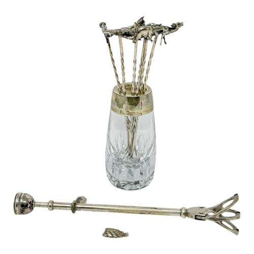 CONJUNTO DE PINCHOS DE APERITIVO Y PINZA DE HIELO EN PLATA