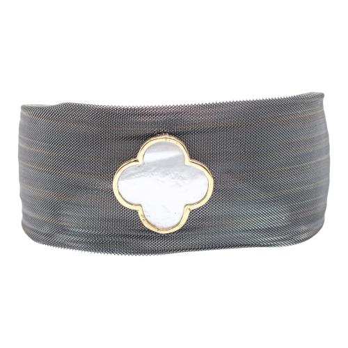 PULSERA ANCHA CON TREBOL DE NÁCAR Y ORO