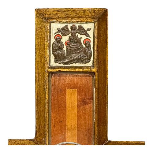 CRUZ DE MADERA CON BRONCE Y ESMALTES AÑOS 70