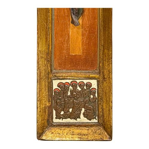 CRUZ DE MADERA CON BRONCE Y ESMALTES AÑOS 70