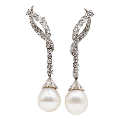 PENDIENTES LARGOS CON BRILLANTES Y PERLAS, AÑOS 60-70