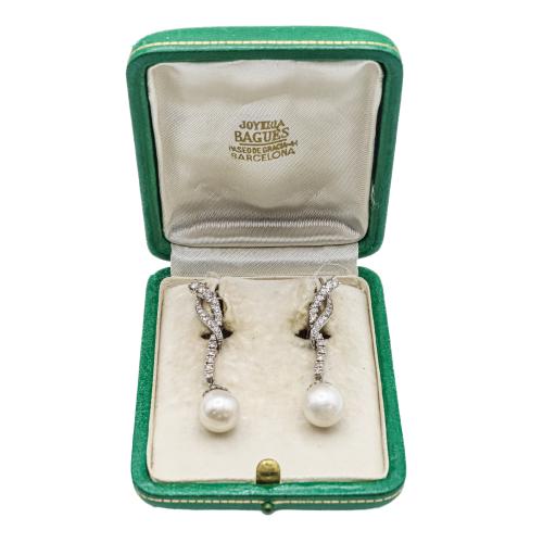 PENDIENTES LARGOS CON BRILLANTES Y PERLAS, AÑOS 60-70
